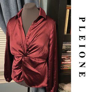 NWOT Pleione Split Neck Twist Front Satin Blouse - L